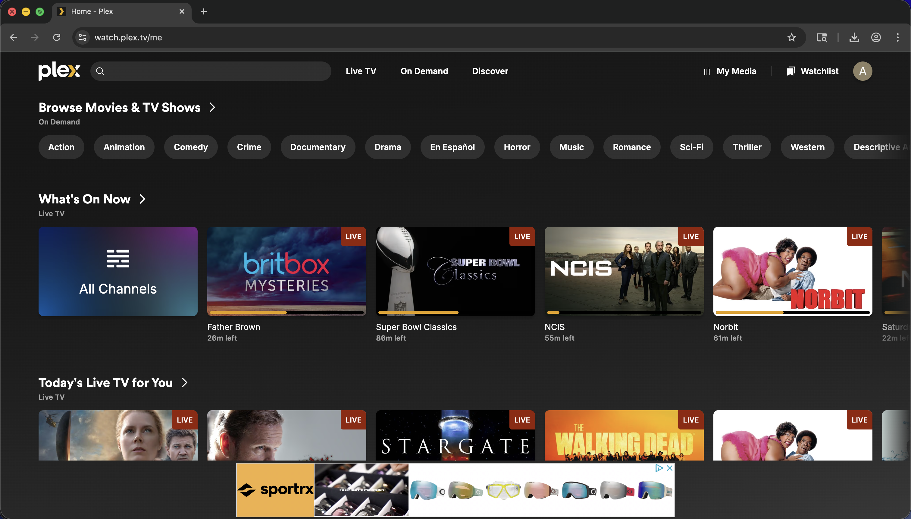 Plex's default interface showing Live TV, On Demand, Discover, and mature content — not designed for kids