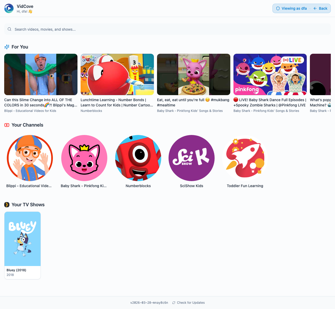 VidCove's child view showing only parent-approved channels — no Shorts, no algorithm