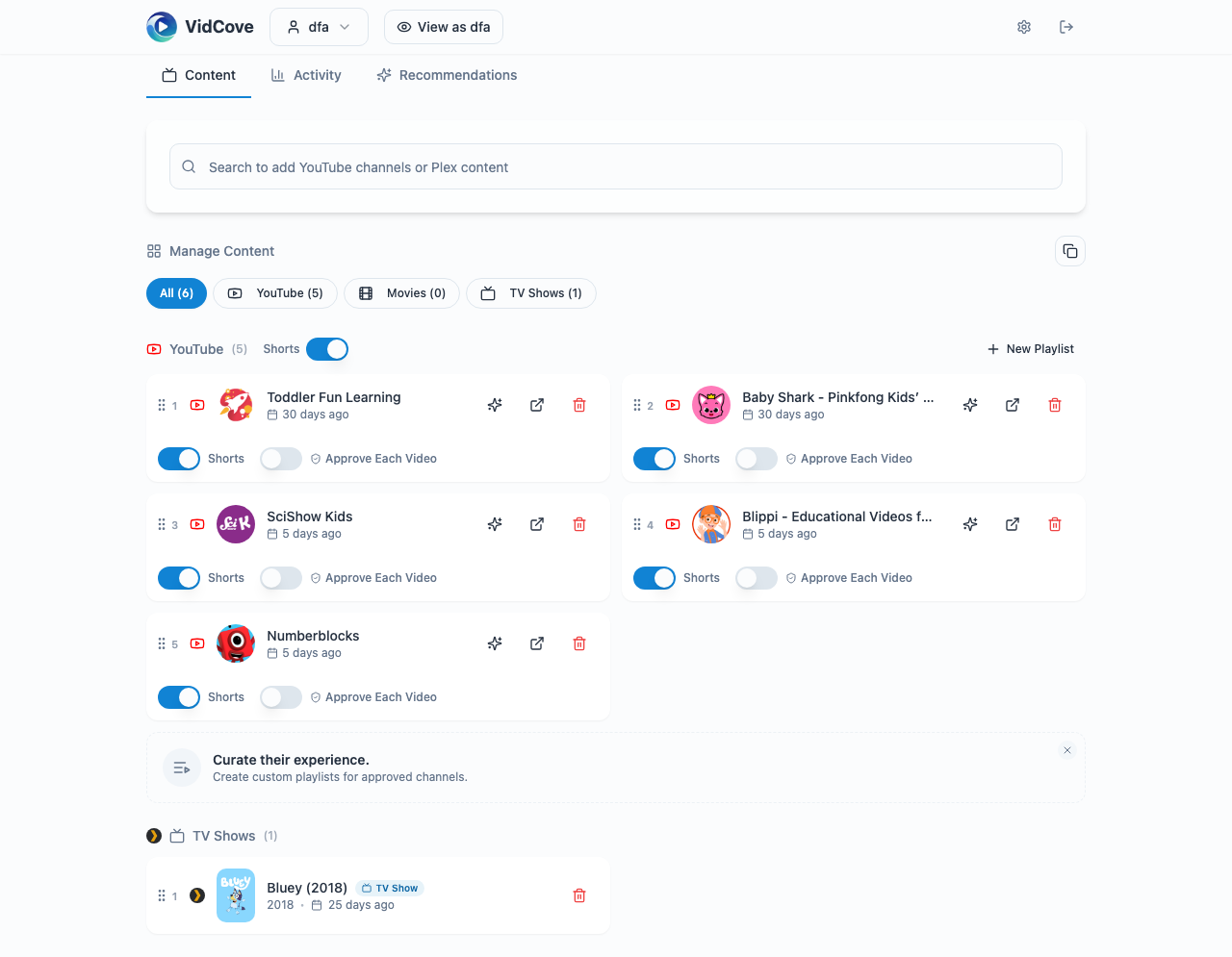 VidCove's parent dashboard showing approved channels for a child