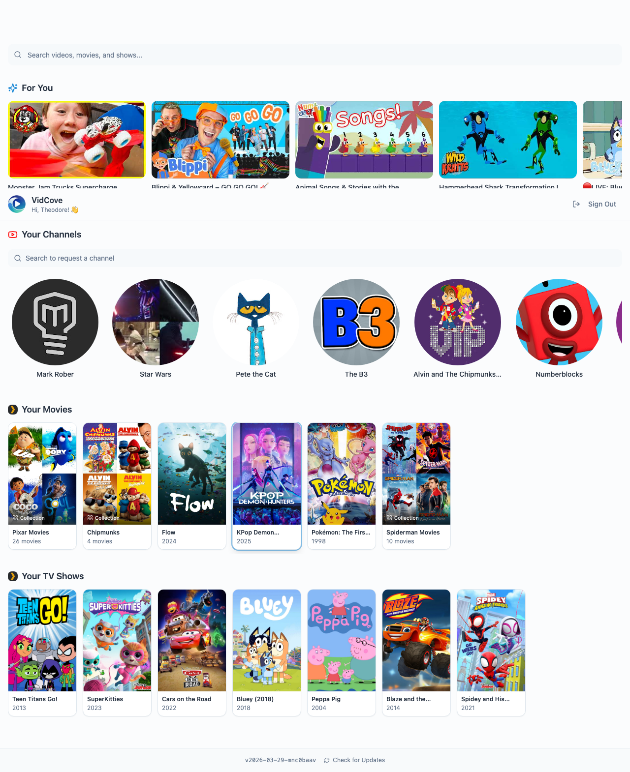 VidCove's child view showing Plex movies and TV shows alongside YouTube channels — clean interface, big posters, no clutter
