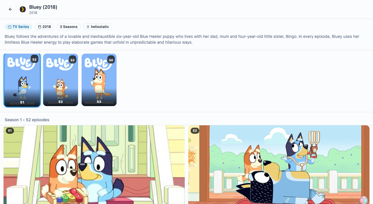 VidCove showing Bluey TV show with season picker and episode grid — simple navigation for kids