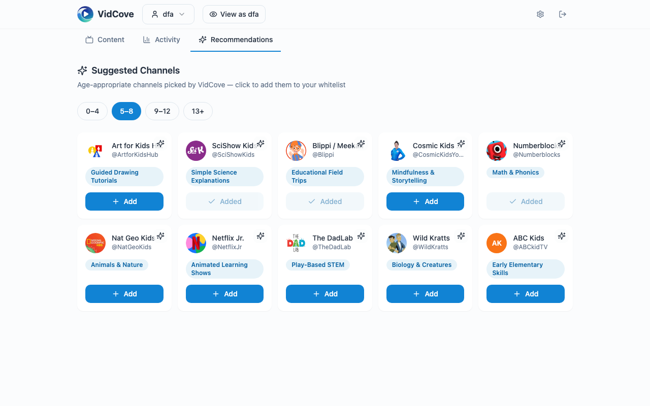VidCove's suggested channels — get started in under 2 minutes